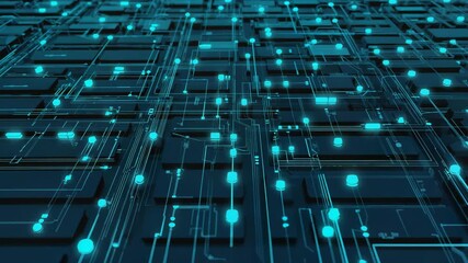 Abstract visualization of a digital network grid with glowing blue circuits representing data flow and complex technology infrastructure - Powered by Adobe