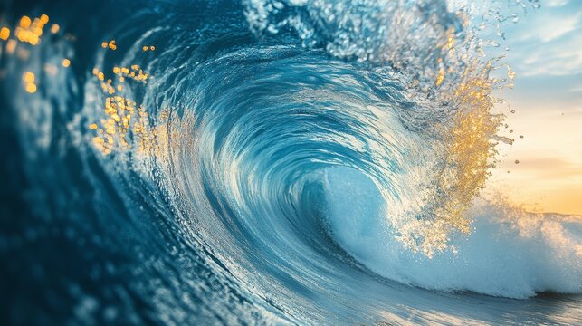 A dramatic tunnel wave forming over deep ocean waters, reflecting shades of blue and white, creating a mesmerizing vortex that reveals the intensity and elegance of nature&rsquo;s powerful marine forces.