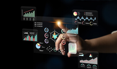 A data analytics interface for visualizing business performance metrics. A collection of charts and graphs for strategic reporting and company analysis. Motif
