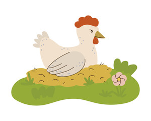 Vector illustration of a chicken sitting on a nest surrounded by greenery and a flower. This charming depiction captures a peaceful farm scene, ideal for educational or decorative uses.