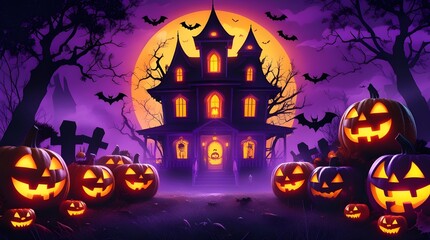 &ldquo;Spooky Halloween Night with Glowing Jack-O&rsquo;-Lanterns and Haunted House&rdquo;