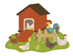 Colorful vector illustration of a farmyard scene featuring a rooster, hens, and chicks gathered near a chicken coop. Ideal for agricultural and rural-themed projects and designs.