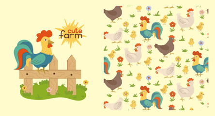 Naklejka premium Cute vector illustration featuring a farm scene with a rooster and various farm animals, including chickens and chicks, in a colorful pattern. Perfect for children s designs, fabrics, textiles and far