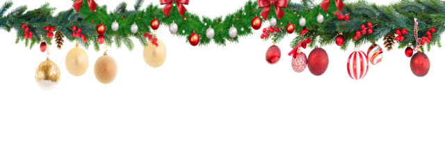 Festive Holiday Garland Adorned with Red Baubles Golden Bells and Green Foliage on a Black Background on a transparent background