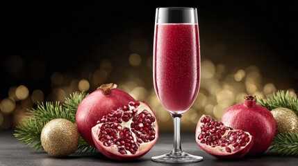 A glass of red wine is poured into a wine glass next to a bowl of pomegranates