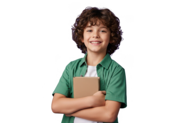 Smiling young boy holding a book isolated on transparent background