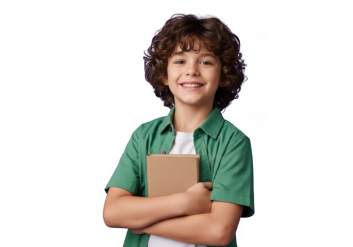 Smiling young boy holding a book isolated on transparent background - Powered by Adobe