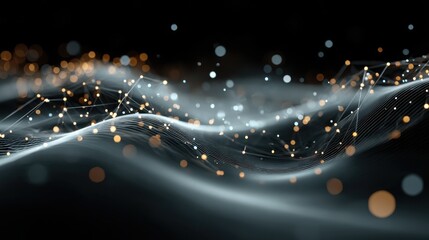 Abstract technology design shows connecting dots and lines forming a network on a dark background in a 3d rendering