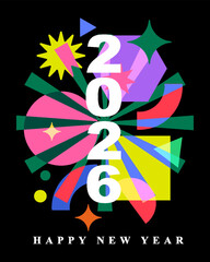 2026 Happy New Year Celebration Banner with Bright Geometric Shapes