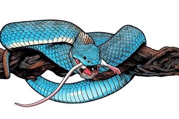 viper snake ready attack blue insularis snake eating white mouse animal closeup illustration