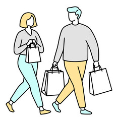 ショッピングをするカップルのイラスト：買い物とセール（シンプルな線画・ベクター）