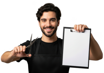 Smiling barber holding scissors and clipboard isolated on transparent background