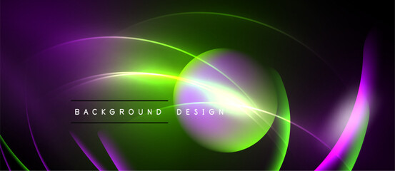 Abstract neon lines create vibrant curves. Green, purple hues dominate dark background. Text reads background design. Modern, dynamic visual.