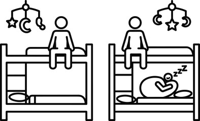 Bunk bed silhouette, sleeping child, sibling bedtime, shared room, night routine, cozy sleep, nursery decor, cad drawing flat vector illustration