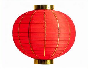 A single red round Chinese paper lantern with gold accents on a white background, traditional decoration.