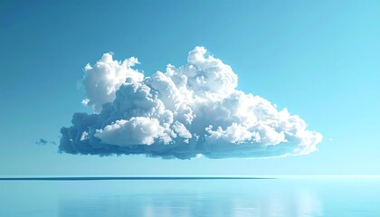 A fluffy, cumulus cloud floats serenely over a calm, reflective body of water under a bright, sunny sky