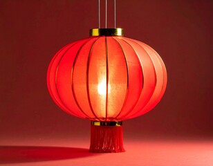 A vibrant red Chinese lantern with a golden top and tassel, glowing warmly against a red background.