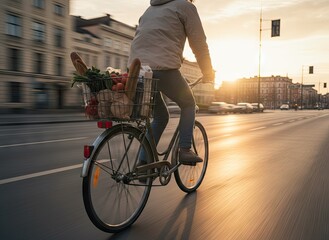 Person Rides Bicycle With Groceries Basket Full of Fresh Produce and Bread on City Street During Golden Hour Sunset with Blurred Traffic