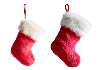 hanging red christmas stocking on loop isolated on transparent background, festive santa stocking hanging decoration product photo, traditional holiday stocking hanging on red string