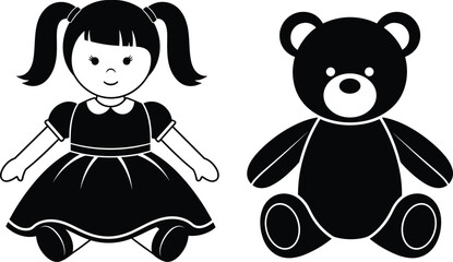 Doll and teddy bear silhouette, classic toys, childhood playtime, black vector art, nursery elements, cad drawing flat vector illustration