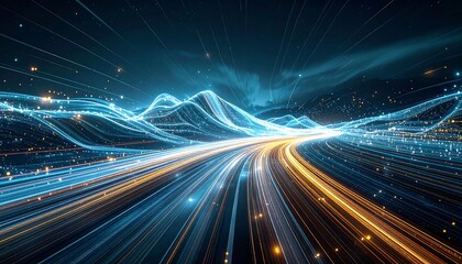 Abstract representation of high-speed data flow with stylized landscape and glowing lines converging to a vanishing point