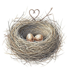 Fototapeta premium Cozy Bird's Nest with Two Speckled Eggs and Heart Ornament - Symbol of Home, Love, New Beginnings, Family, Nature