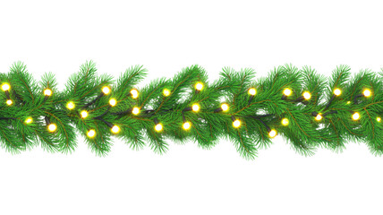 pine christmas garland with lights isolated transparent png, festive green garland string lights png on transparent, holiday pine branch decoration png