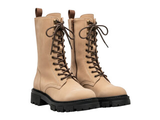 Pair of beige suede lace up combat boots isolated on transparent background