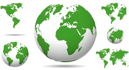 Obraz premium Several globes and flat world maps depicted in vibrant green and white