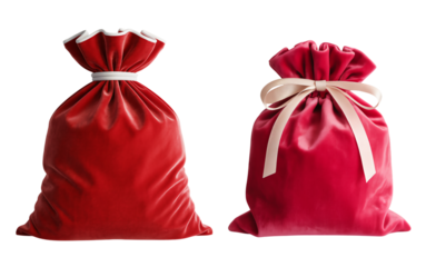 red santa sack pair isolated transparent background png, festive christmas gift storage bags transparent png, holiday drawstring sack set decoration png
