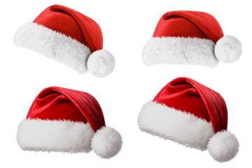 realistic santa hat group isolated transparent png, festive christmas hat assortment on transparent background, red santa caps collection decoration png