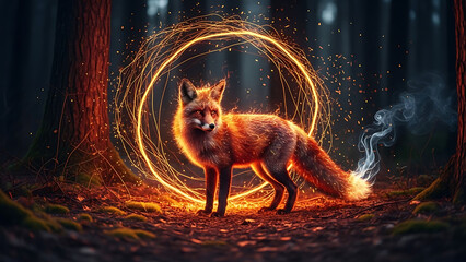 Majestic red fox with glowing orange magic ring light in a dark enchanted forest atmosphere
