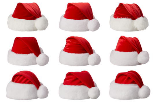 santa hat set isolated on transparent background png, festive red christmas hat collection transparent png, holiday santa caps isolated decoration png - Powered by Adobe