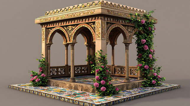 An ornate wooden pavilion with arched colonnades, climbing roses, and intricate tilework, displayed on a patterned base. The structure embodies classical Islamic garden elegance