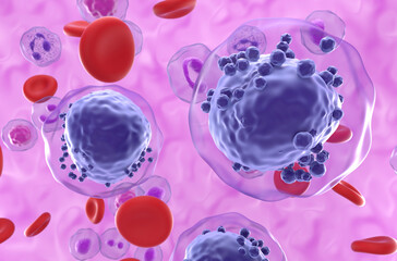Acute myeloid leukemia (AML) cells in blood flow - semi closeup view 3d illustration
