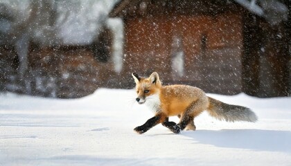 Cute Fox Cub Running on Soft Snow in Winter Scene