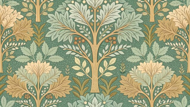 Seamless decorative tree of life pattern in the Arts and Crafts style, featuring stylized foliage, leaves, and small berries in muted sage and gold tones.