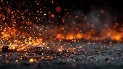 Fire embers particles floating over a dark background with abstract glitter fire sparks lights; high quality realistic rendering