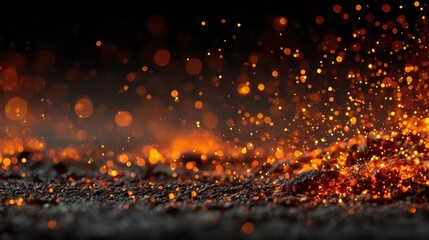 Fire embers particles floating over a dark background with abstract glitter fire sparks lights; high quality realistic rendering