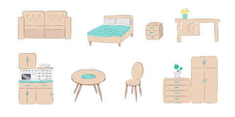 A set of vector images of furniture elements (bed, bedside table, desk, kitchen set, dining table, chair, wardrobe)