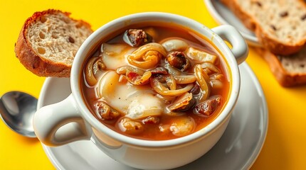 French Onion Soup caramelized onions beef broth melted cheese crusty bread savory dish slow cooked onions gourmet recipe comfort meal rich flavor on bright yellow background
