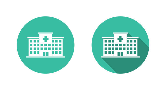 Hospital and clinic building icon with long shadow. Healthcare center, medical service, and emergency facility symbol