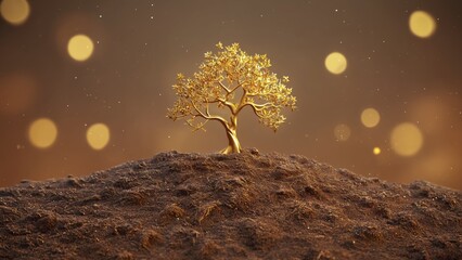 A golden tree with radiant leaves and trunk standing on soil illuminated by glowing lights, wealth, prosperity, fortune, financial success, nature, growth, investment and abundance in golden beauty.