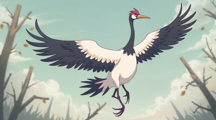 Obraz premium Flying crane with outstretched wings — symbol of longevity, harmony and spiritual flight, perfect for luck festivals or Asian celebrations