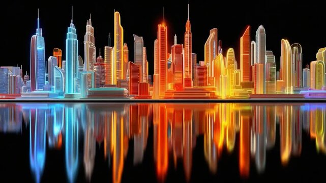 Neon Skyline: A futuristic cityscape, vibrant with neon lights, shimmers in the dark night. Buildings reflect in the tranquil water, with a mesmerizing display of colors. 