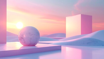 Abstract surreal landscape featuring geometric shapes in pastel hues under a dreamy sunset sky