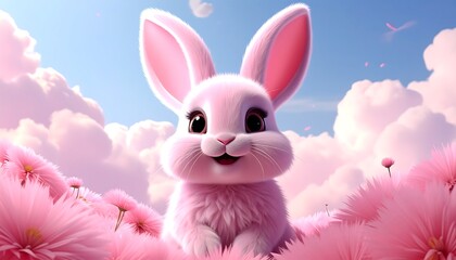 A fluffy pink bunny sits in a field of pink flowers under a blue sky with puffy clouds