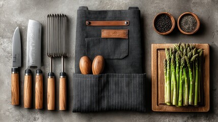 Modern chef setup with apron, utensils, cutting board and asparagus on light concrete offers culinary experience