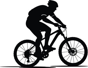 Obraz premium Mountain bike rider icon vector—black silhouette with helmet, backpack, and thick tires for outdoor, sports, and adventure visuals