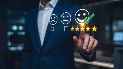 Professional businessman gives glowing five star customer satisfaction rating with happy emoji feedback in modern setting